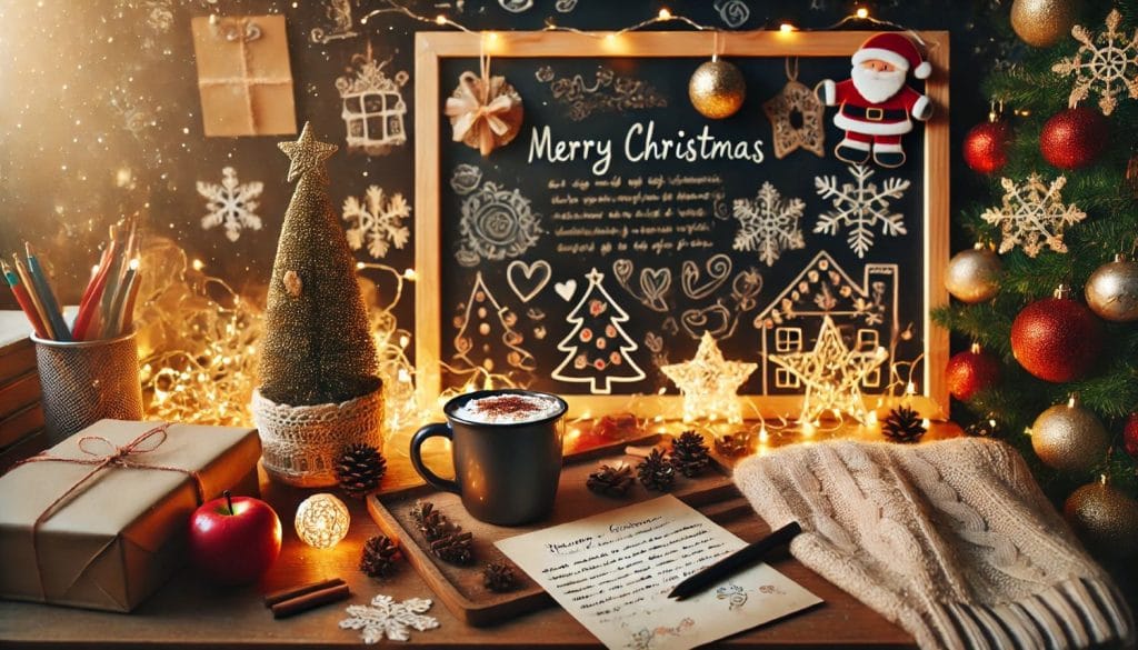 A teacher’s desk is adorned with a handwritten Christmas card, twinkling fairy lights,
