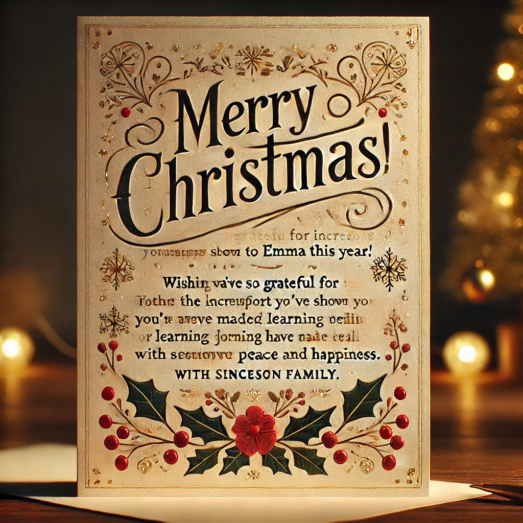 the Christmas card featuring a heartfelt message for a teacher