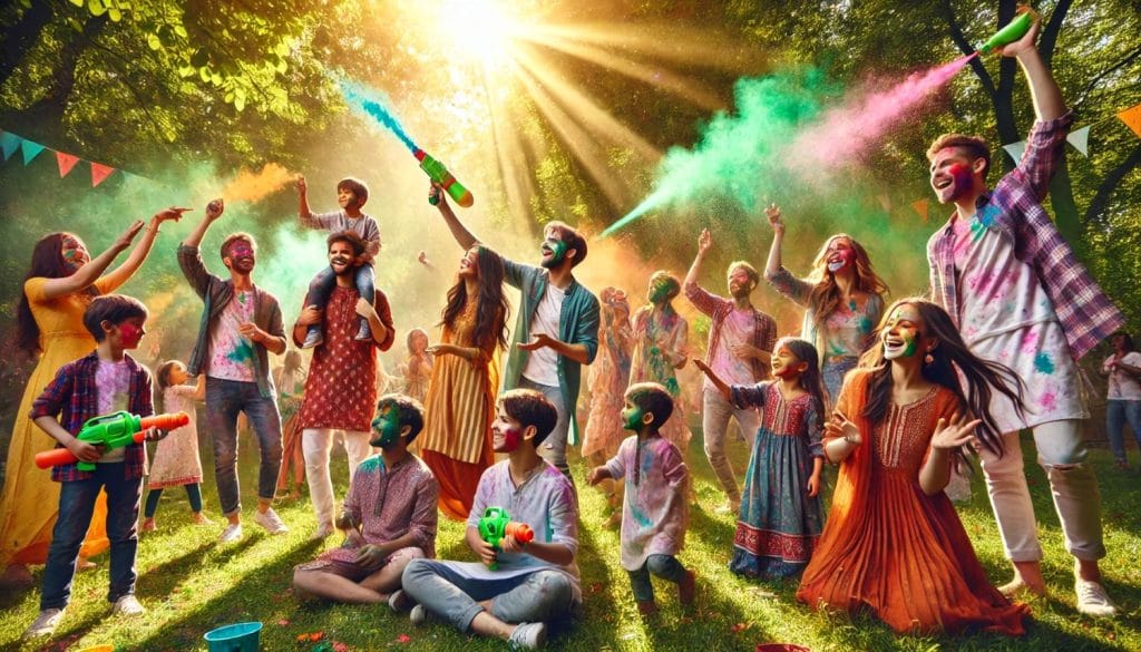 heartwarming image of a group of friends and family celebrating Holi outdoors in a sunny and vibrant park. happy holi images hd