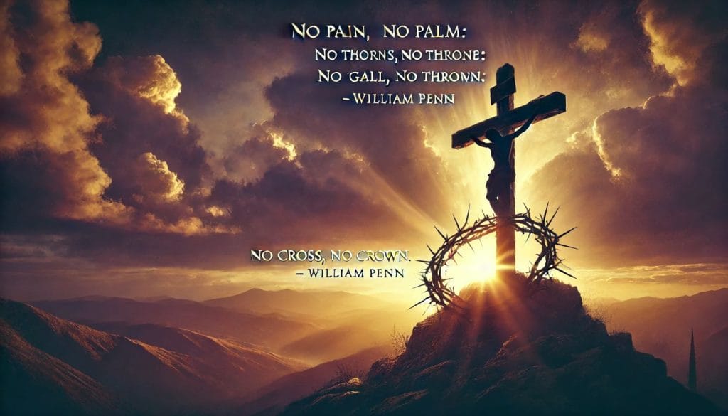 "No pain, no palm; no thorns, no throne; no gall, no glory; no cross, no crown." — William Penn
