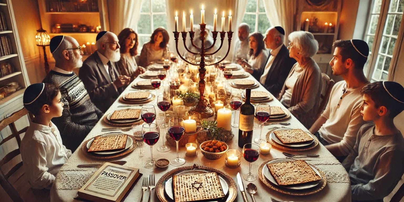 An image illustrating the observance of the last day of Passover, with a family gathered around a table