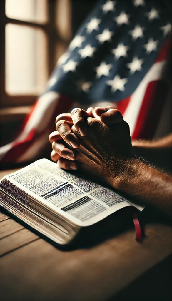 An analog photo of hands folded in prayer resting on an open Bible, with an American flag gently draped in the blurred background