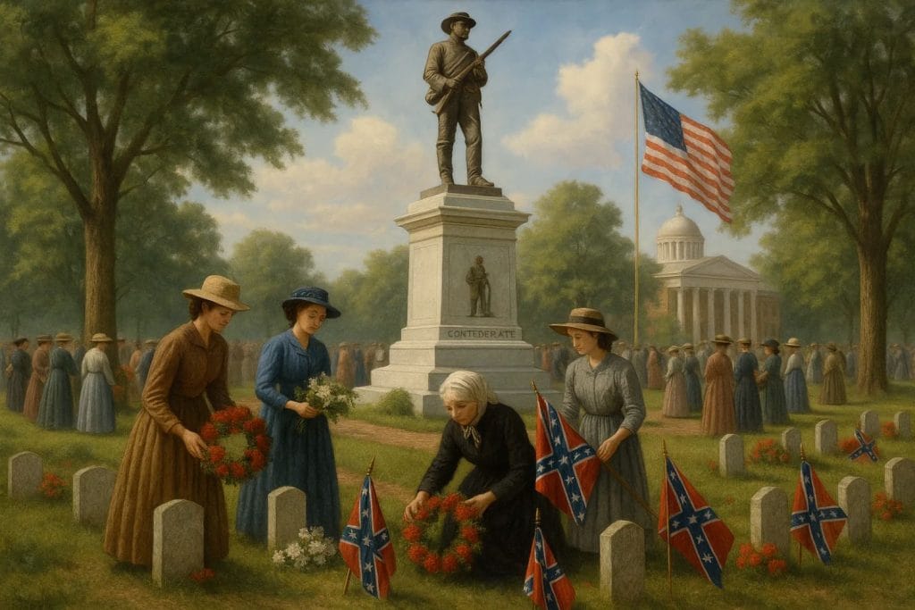 Women Honoring Confederate Soldiers with Flowers and Flags at Memorial Ceremony