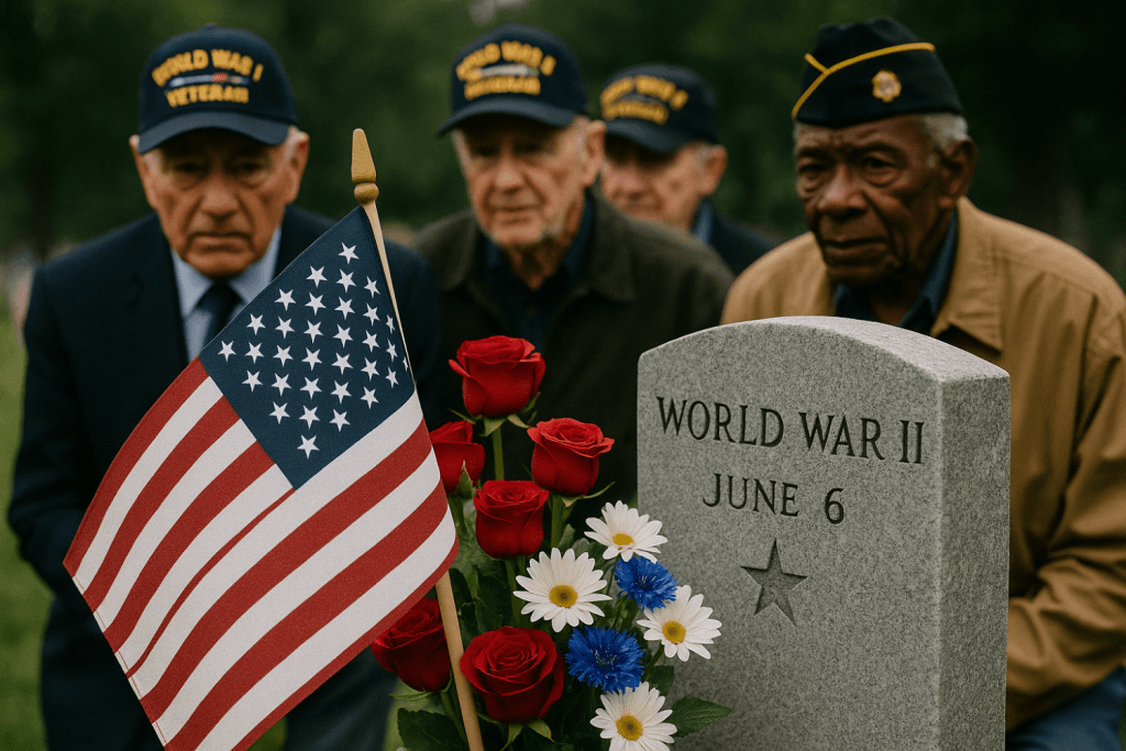 Elderly Veterans Pay Tribute at WWII Memorial with Flowers and American Flag on D Day
